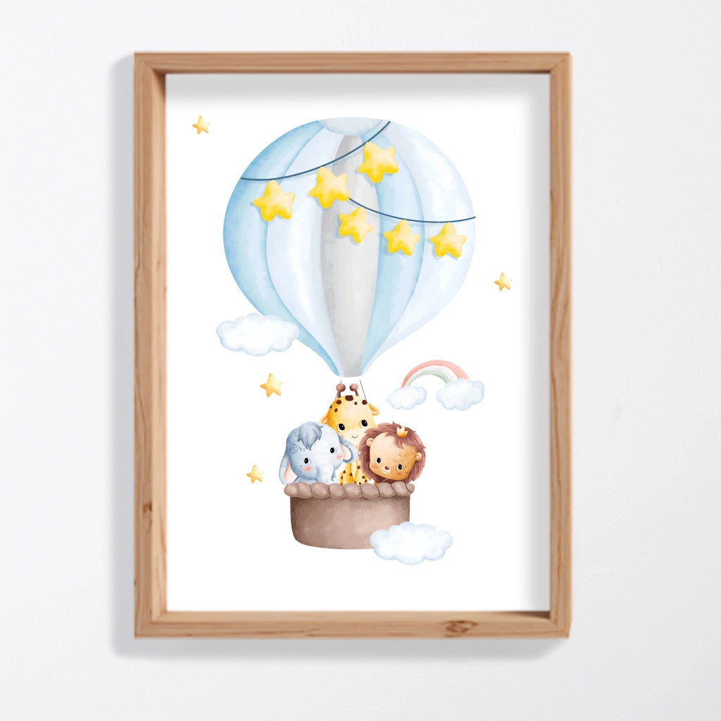 Lámina infantil globo aerostático azul con animales y estrellas, regalo personalizado