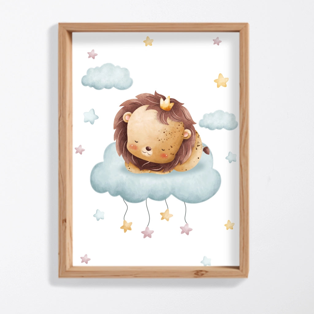 Lámina decorativa león nube estrellada, regalo nacimiento