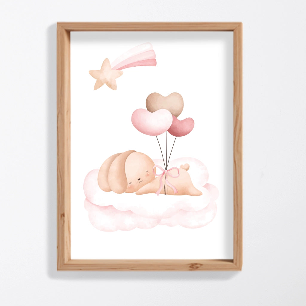 Lámina bebé durmiendo en nube rosa con globos, ideal decoración habitación niña
