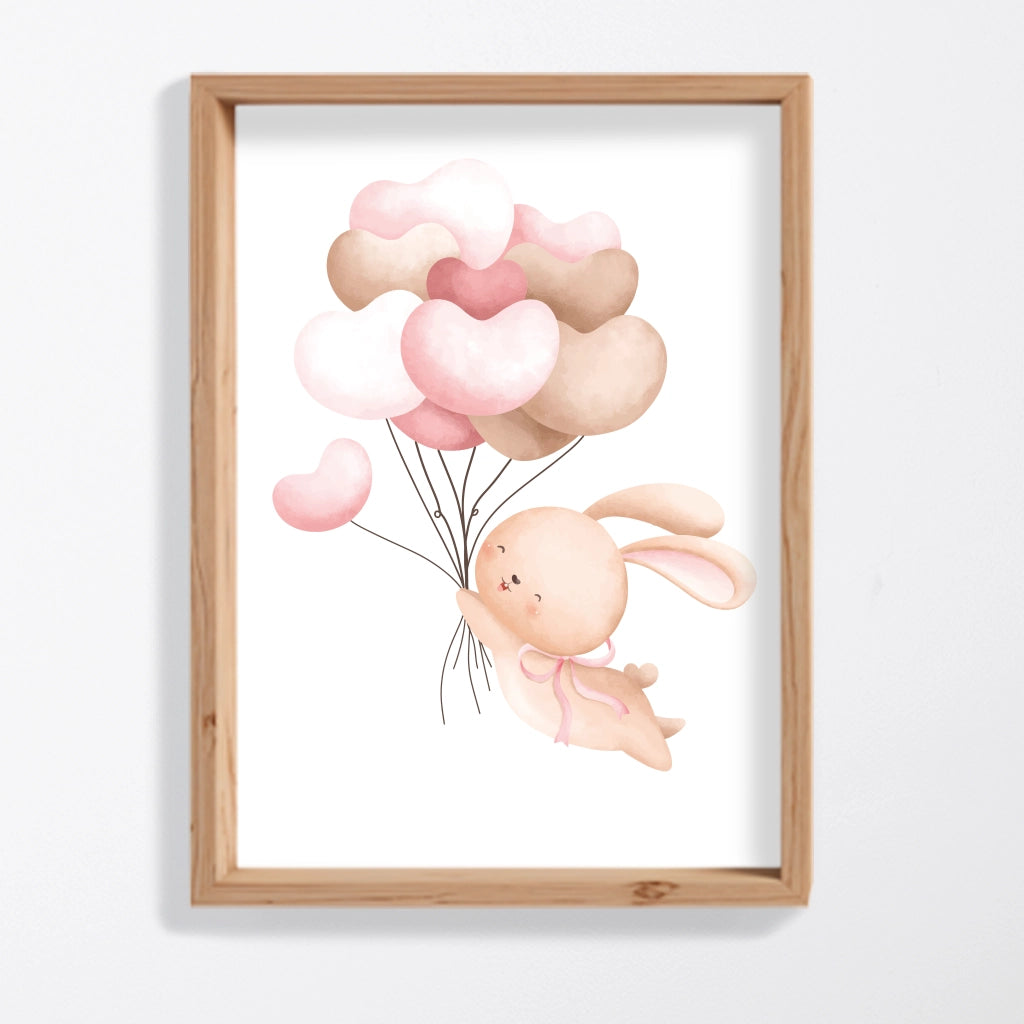 Lámina conejito bebé rosa volando con globos corazón, decoración infantil personalizada