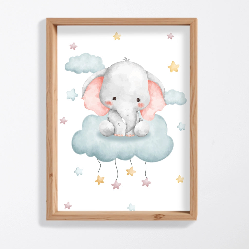 Lámina elefante bebé azul sentado en nube, decoración habitación infantil