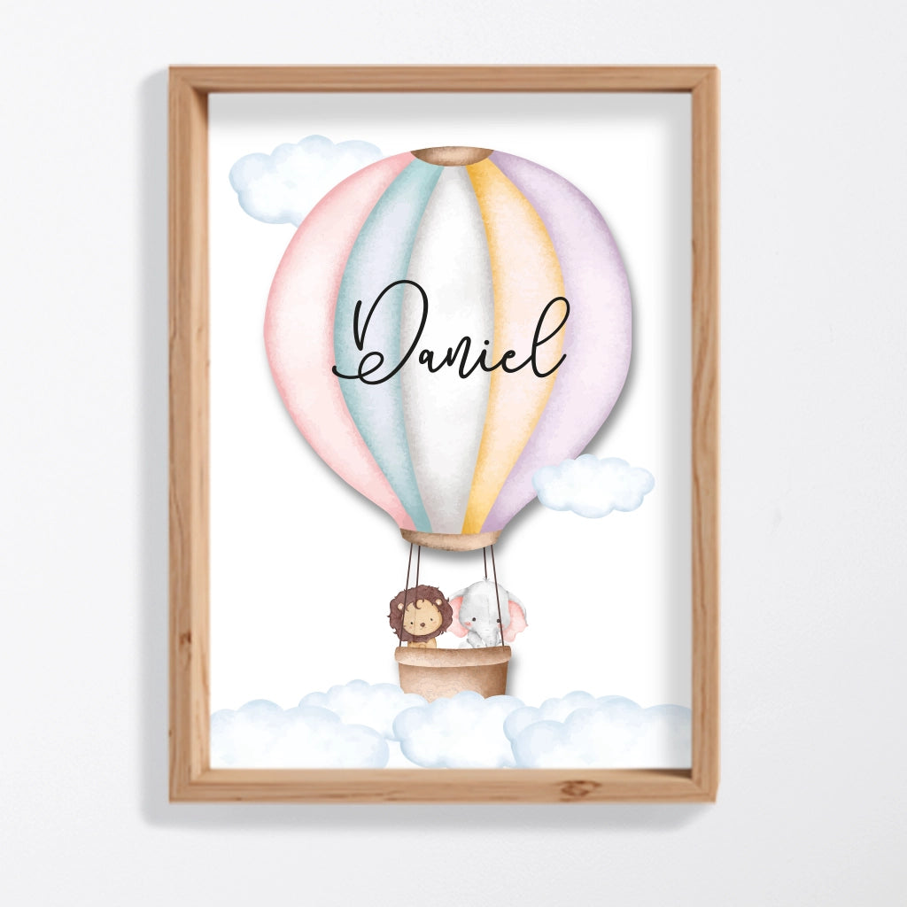 Lámina infantil globo aerostático azul con elefante, regalo personalizado