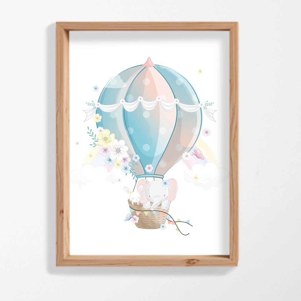 Lámina infantil globo aerostático rosa y azul con elefante, decoración habitación bebé