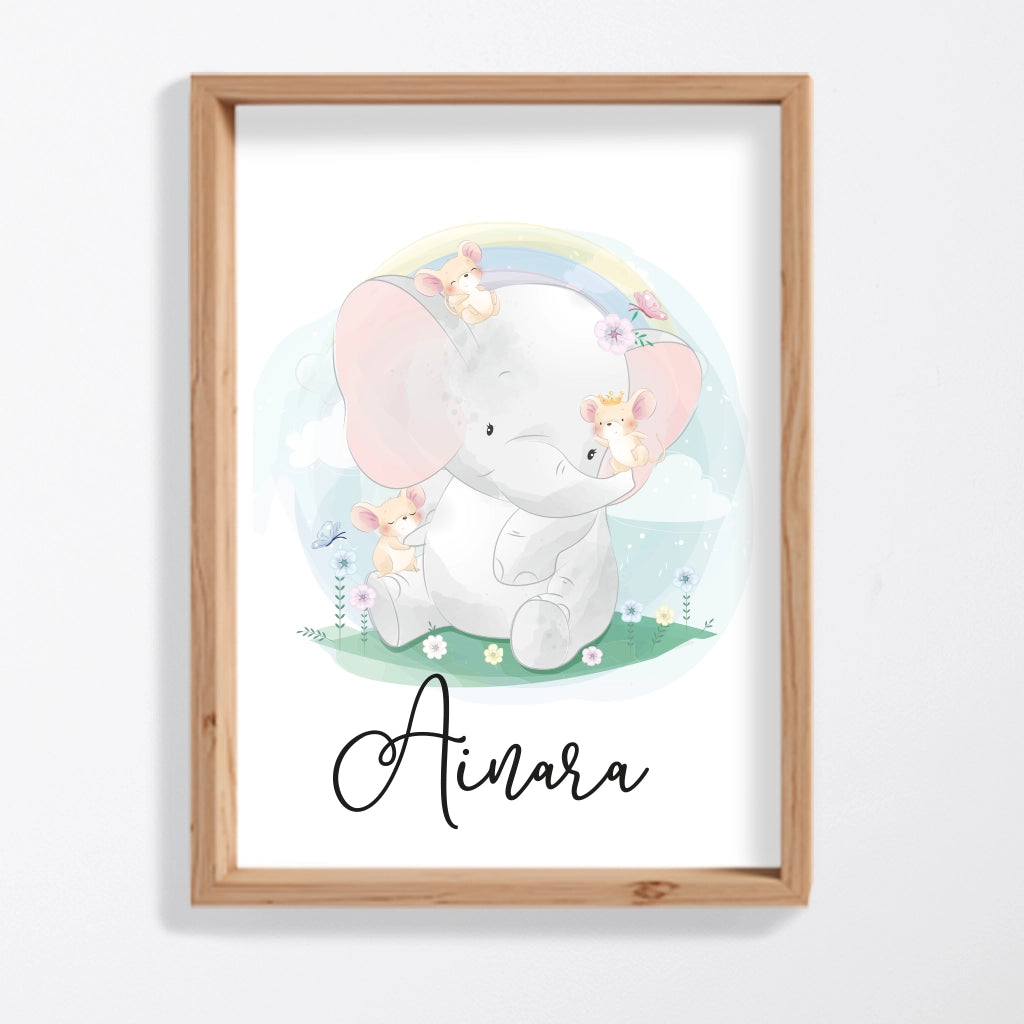 Lámina elefante bebé rosa con corona de flores, regalo infantil personalizado