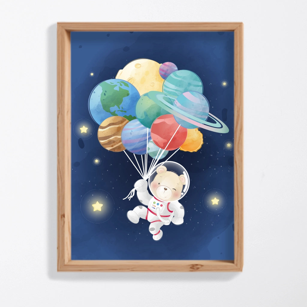 Lámina osito astronauta flotando con globos planetas, regalo personalizado