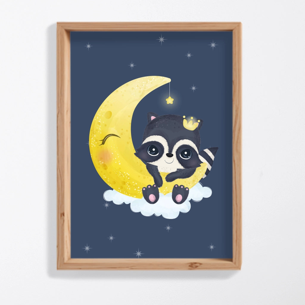 Lámina mapache bebé sentado sobre la luna y estrellas, regalo infantil personalizado