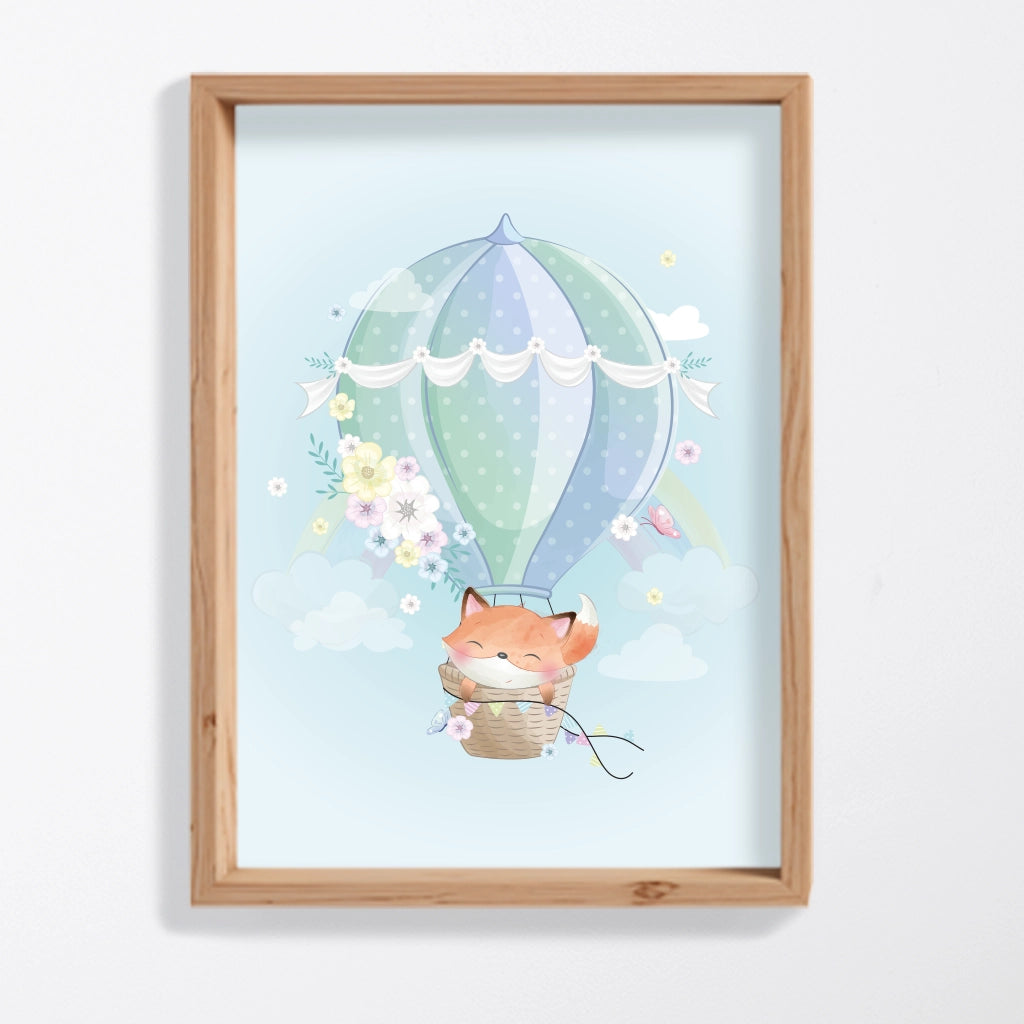 Lámina zorrito viajando en globo aerostático decorado con flores, regalo infantil personalizado