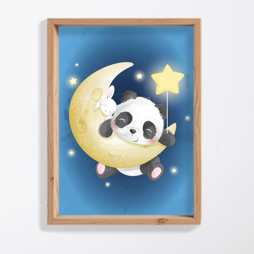 Póster decorativo panda y conejo durmiendo en luna creciente