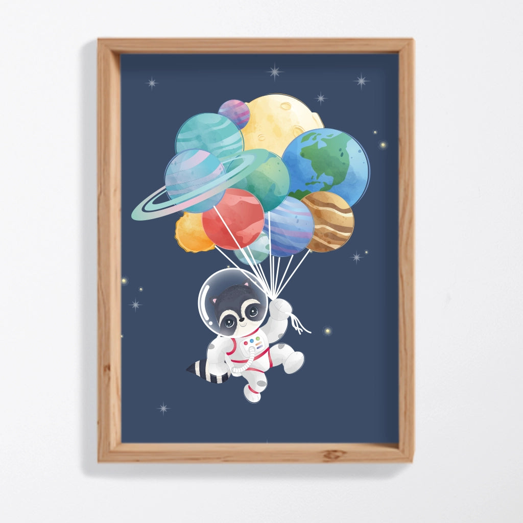 Póster decorativo mapache espacial con globos de planetas