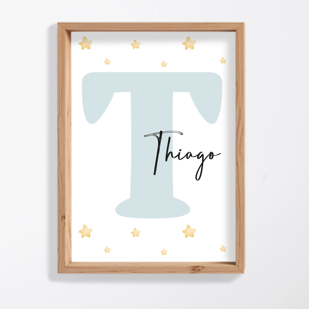 Lámina inicial personalizada en azul con nombre de bebé, decoración infantil