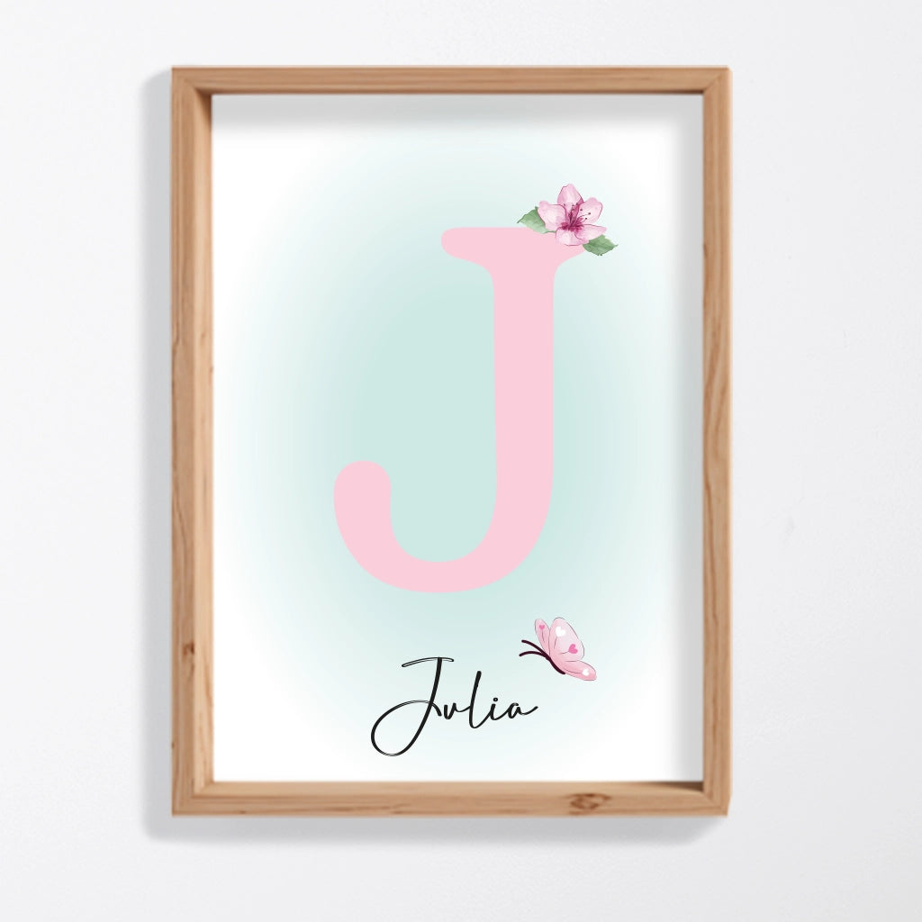 Lámina inicial rosa personalizada con nombre de bebé