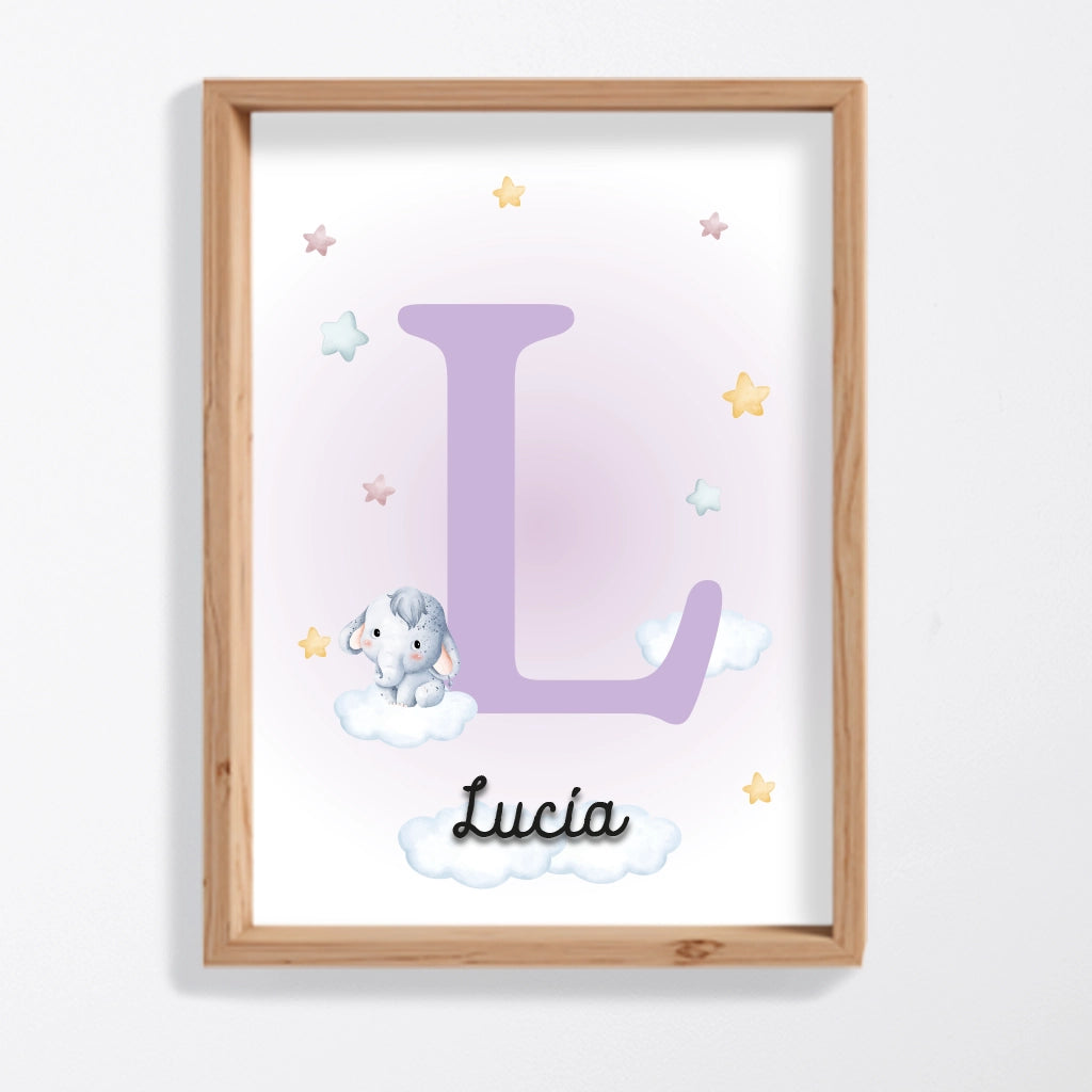 Lámina personalizada inicial lila con elefante bebé y nombre