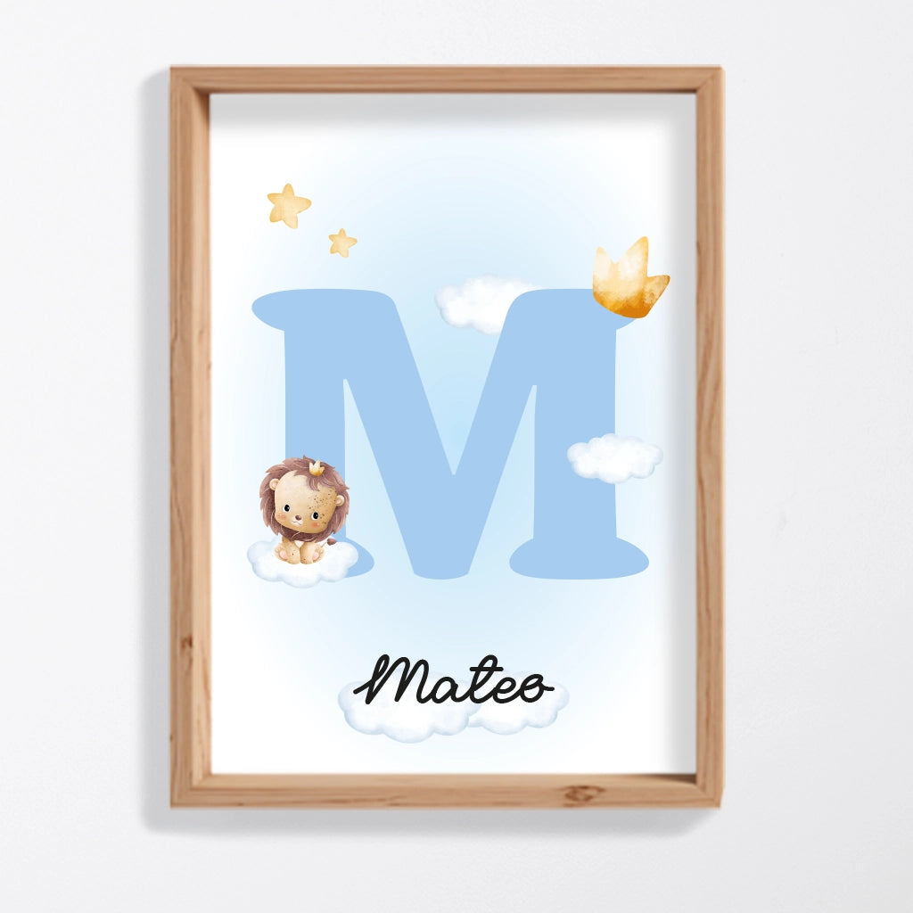 Lámina personalizada inicial azul rey león – Nombre bebé