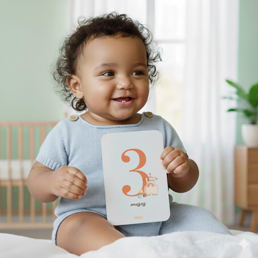 Tarjetas cumple meses bebé Momentos Mágicos con números y diseño dulce