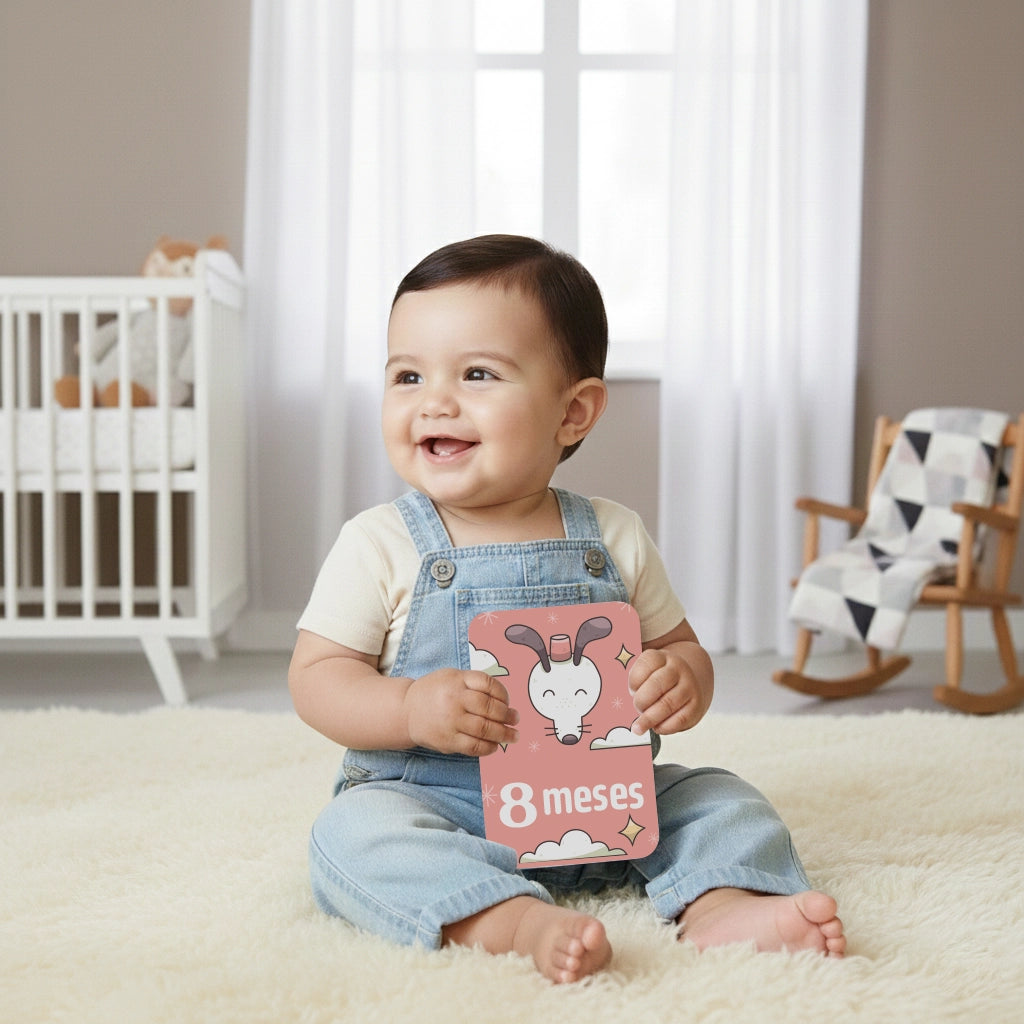 Tarjetas cumple meses bebé Sonrisas Mágicas con diseño alegre