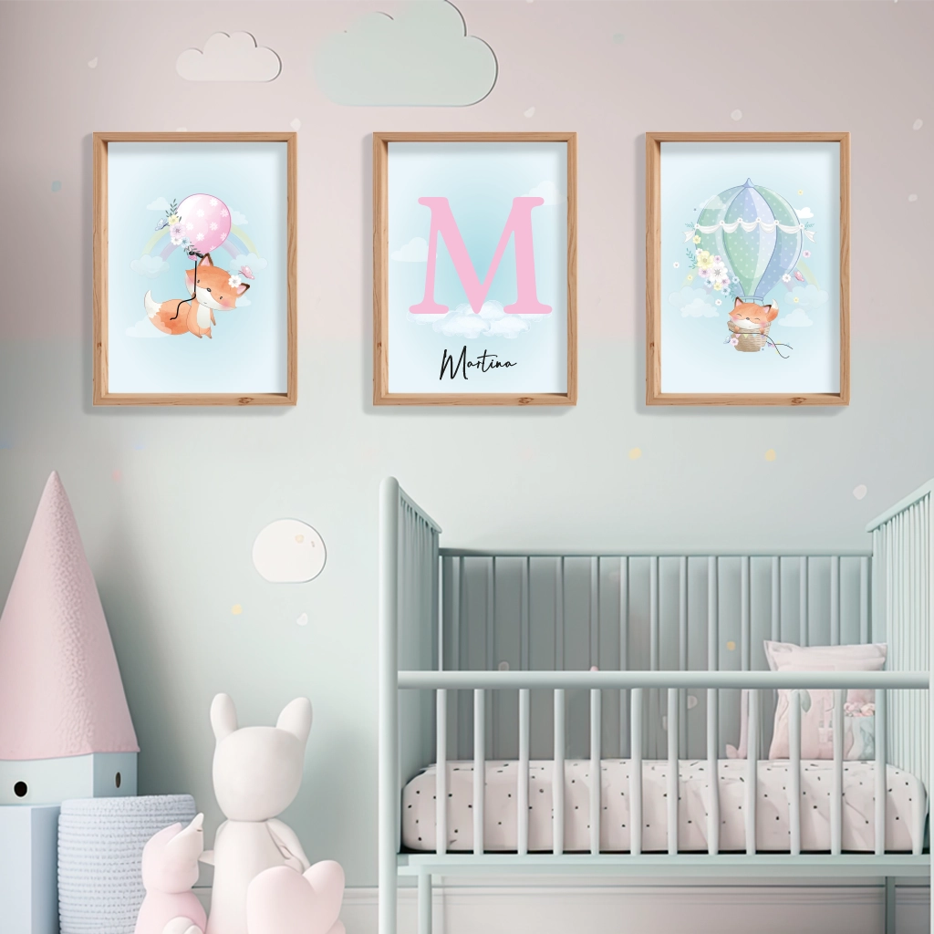 Conjunto de 3 láminas infantiles personalizadas rosa con zorrito bebé, inicial y globo aerostático